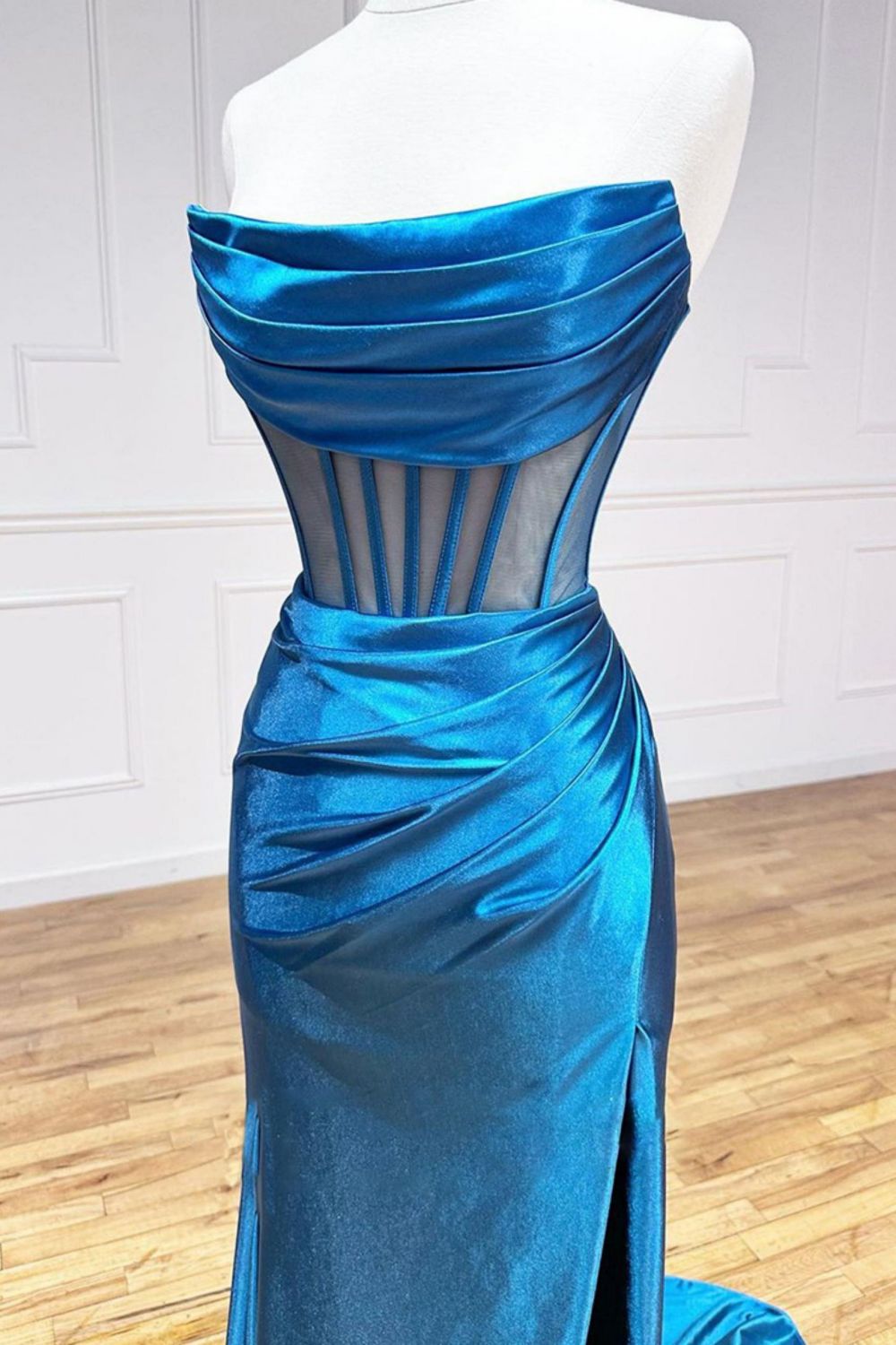 Weitese Blue Mermaid Strapless Sweep Train Satin Prom Dress With Split And Pleating