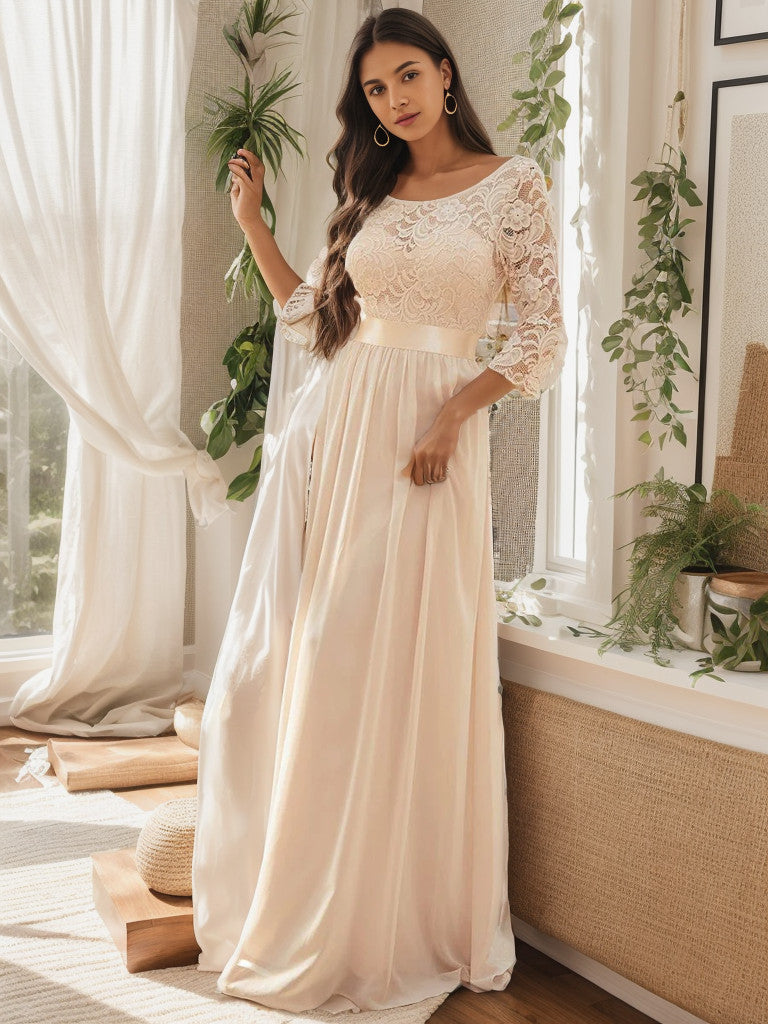 Weitese See-Through Floor Length Lace Chiffon Evening Dress with Half Sleeve