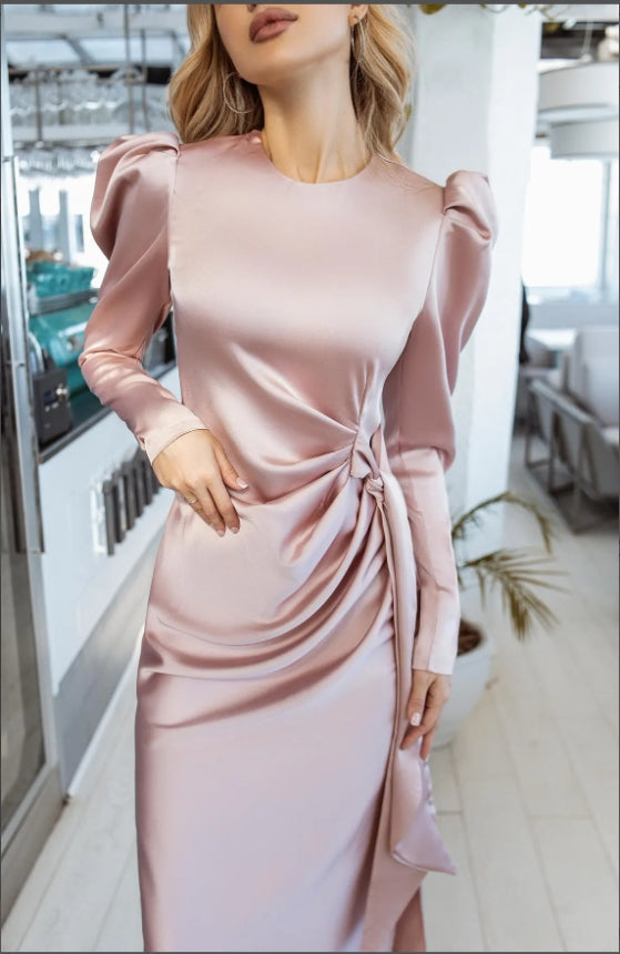 Blush Pink Satin Prom Dress Long Sleeves Round Neck Tea-Length Bridesmaid Dress Cocktail Dress