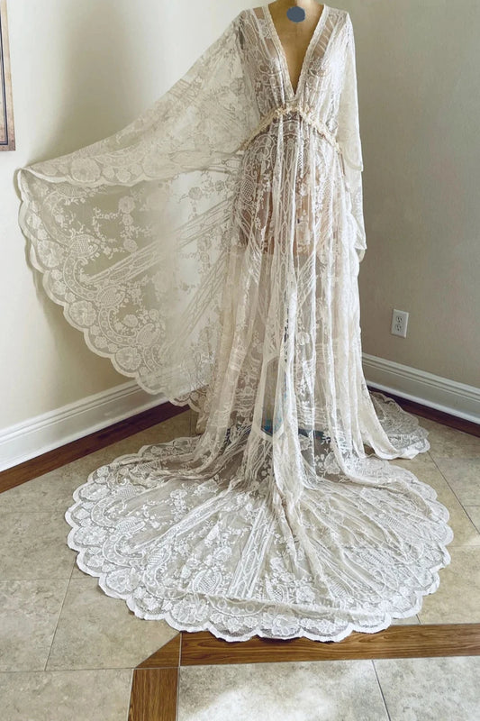 Boho Ivory Lace Wedding Dress With Fringe Maternity Wedding Dress Bell Sleeve Wedding Dress Boho Wedding Dress Photoshoot Dress Bride Dress