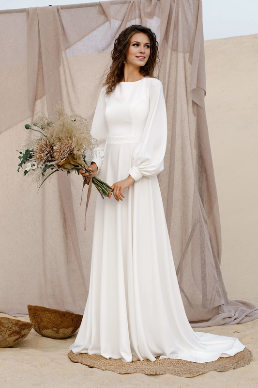 Boho Long Sleeve Wedding Dress Puff Sleeve Wedding Dress Simple A Line Wedding Dress Floor Length