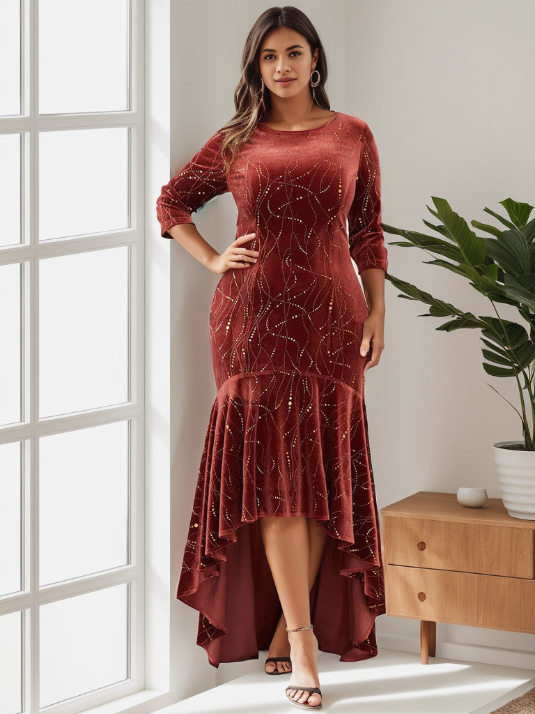 Weitese Elegant Plus Size Bodycon High-Low Formal Velvet Party Dress