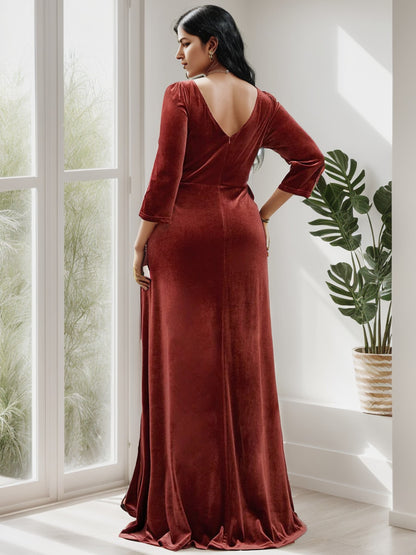 Weitese Plus Size Velvet Plunging V-Neck Front Slit 34 Sleeve Evening Dress