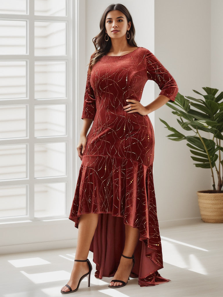 Weitese Elegant Plus Size Bodycon High-Low Formal Velvet Party Dress