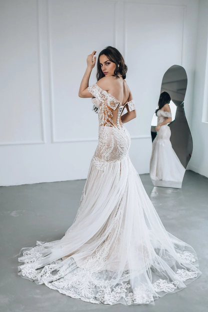 Bridal gown Mermaid wedding dress Elegant Ivory Off-Shoulder Wedding Gown with Lace Bead Embroidery Luxurious Bridal Dress Long Train Sleeveless