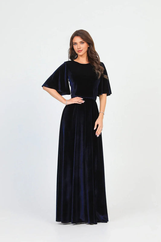 Bridesmaid Dress Velvet Dress Evening Dress Flare Sleeve Dark Blue Dress Maid Of Honor Floor Length Prom Dress