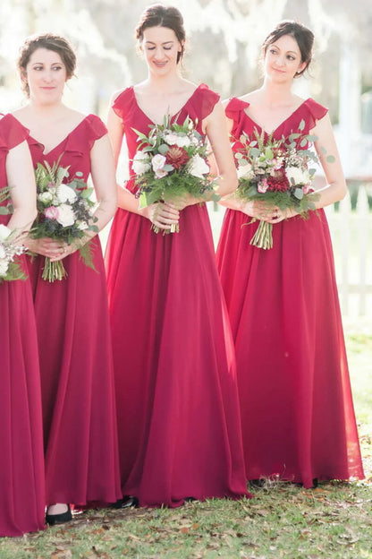 V Neck Floor Length Chiffon Ruffled Straps Long Bridesmaid Dress