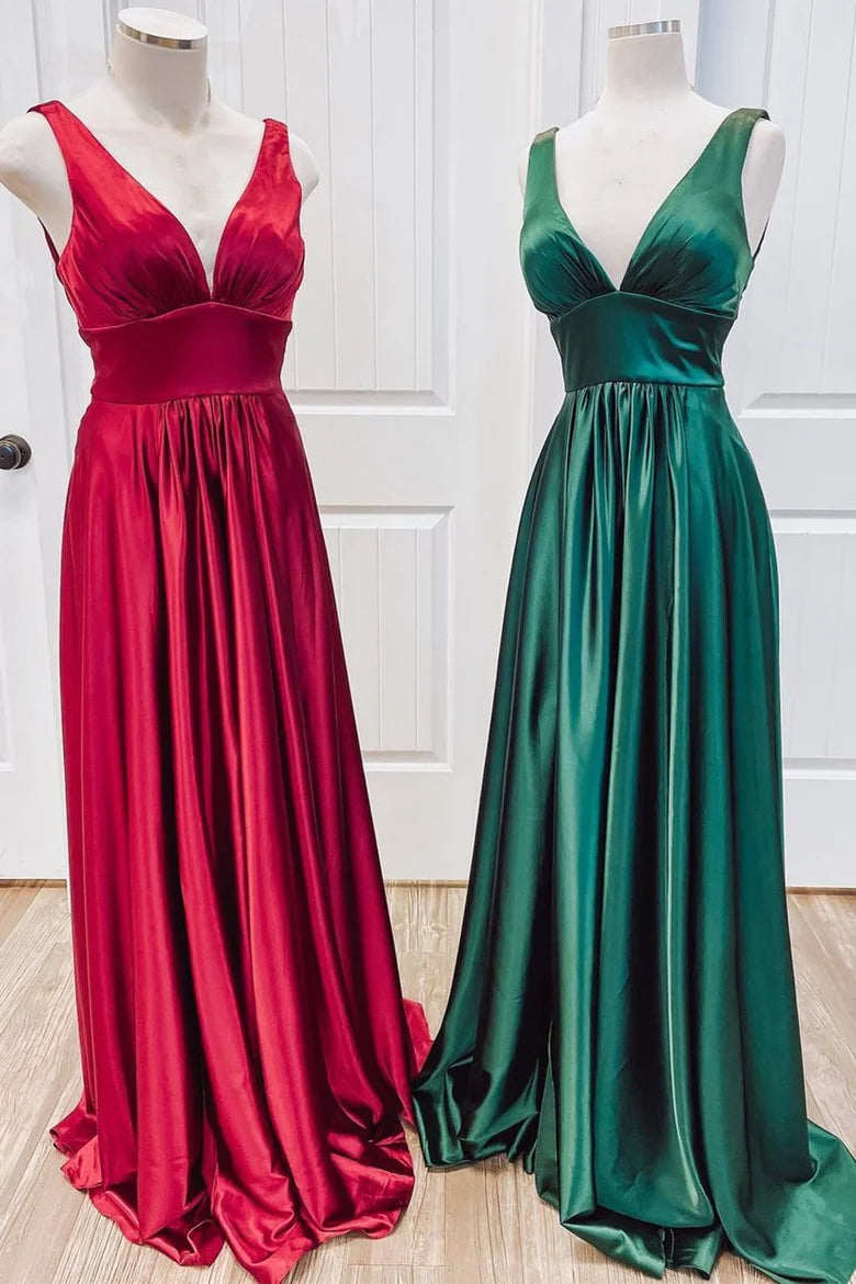 Satin Deep V Neck Empire Pleated Bridesmaid Dress