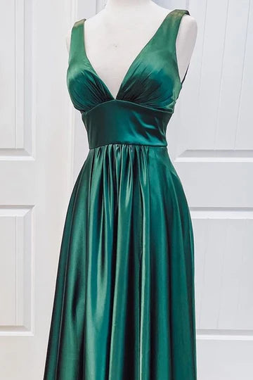 Satin Deep V Neck Empire Pleated Bridesmaid Dress