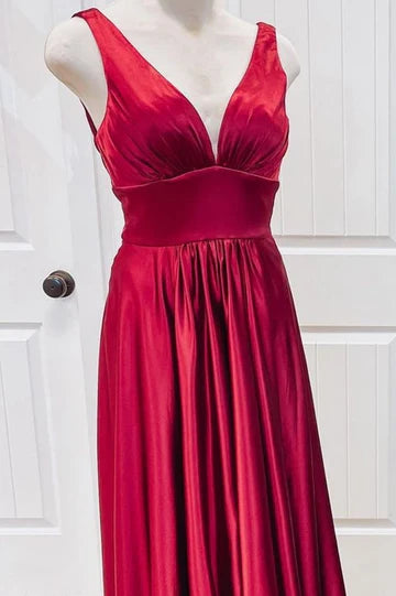 Satin Deep V Neck Empire Pleated Bridesmaid Dress