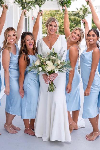 Cowl Neck Straps Calf-Length Bridesmaid Dress