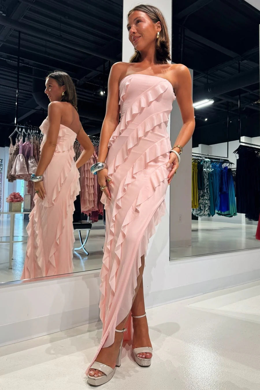 Strapless Ruffle Chiffon Maxi Dress with Slit