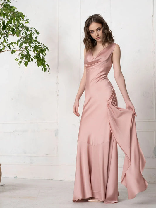 Bridesmaids Dress Simple Wedding Dress Long Slip Dusty Rose Sleeveless Maxi Dress Cowl Neck Prom Dress Reception Wedding Dress