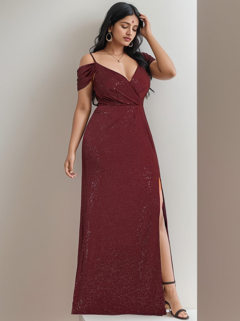 Weitese Plus Size V-Neck Cold Shoulder Floor-Length Evening Dress