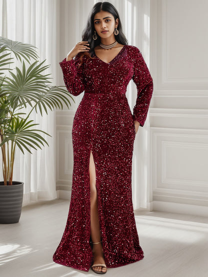 Weitese Plus Size Long Sleeve Sequin Front Slit Bodycon Evening Dress