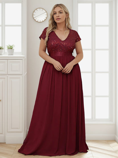 Weitese Plus Size Empire Waist V-Neck Cap Sleeve Chiffon Formal Evening Dress