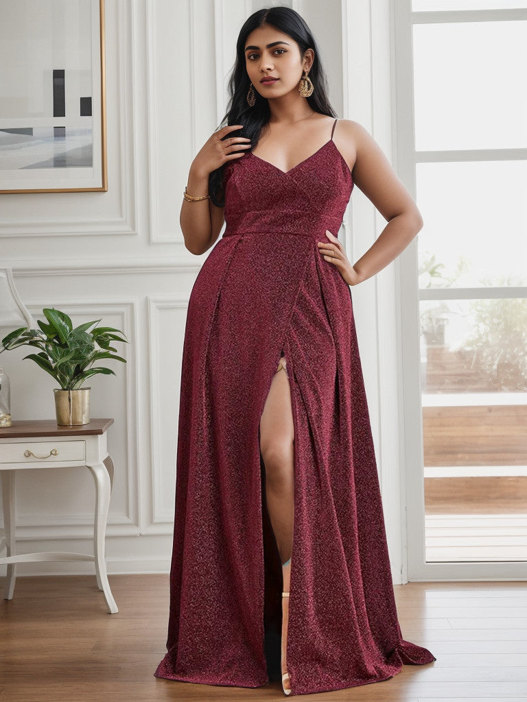 Weitese Plus Size Spaghetti Strap Shiny Formal Evening Dress for Wedding