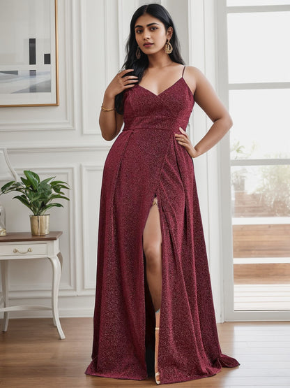 Weitese Plus Size Spaghetti Strap Shiny Formal Evening Dress for Wedding