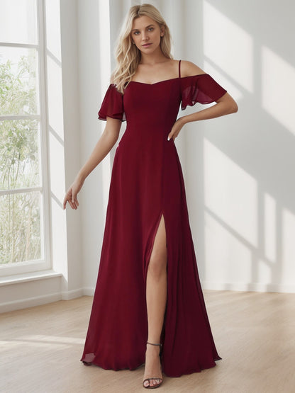 Weitese Chiffon Off-The-Shoulder Side Slit Bridesmaid Dress with sleeves