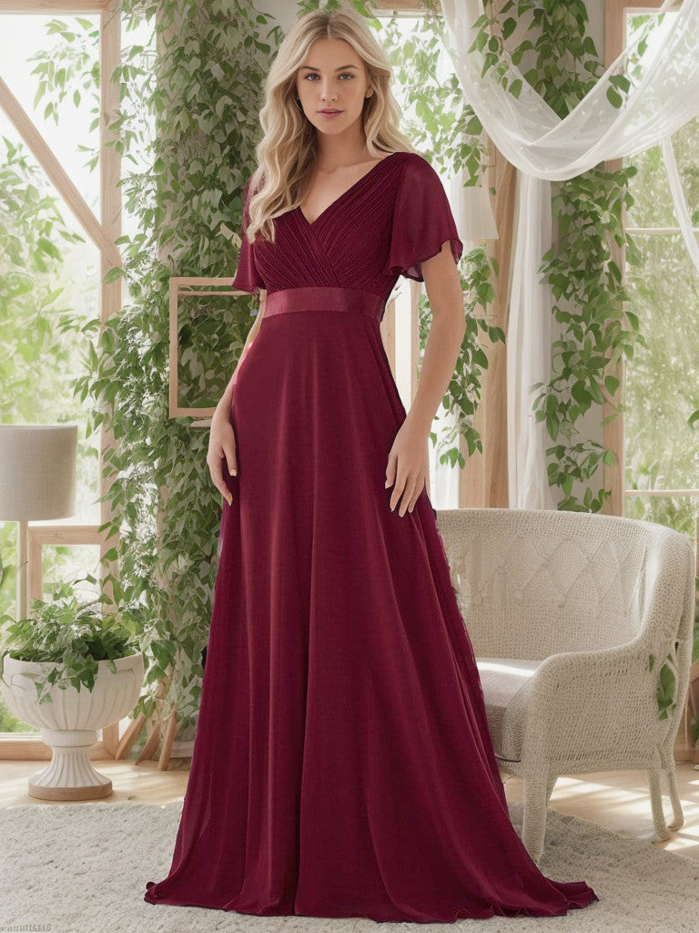 Weitese Long Chiffon Empire Waist Bridesmaid Dress with Short Flutter Sleeves