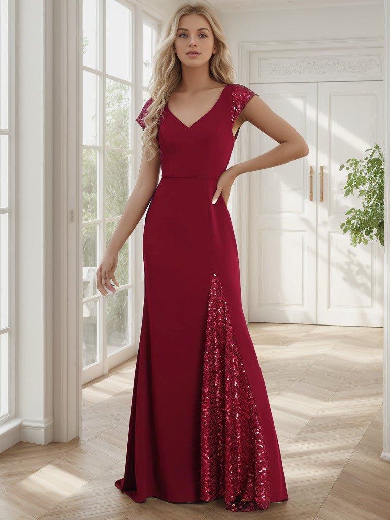 Weitese Sequin Cap Sleeve V-Neck A-Line Evening Dress