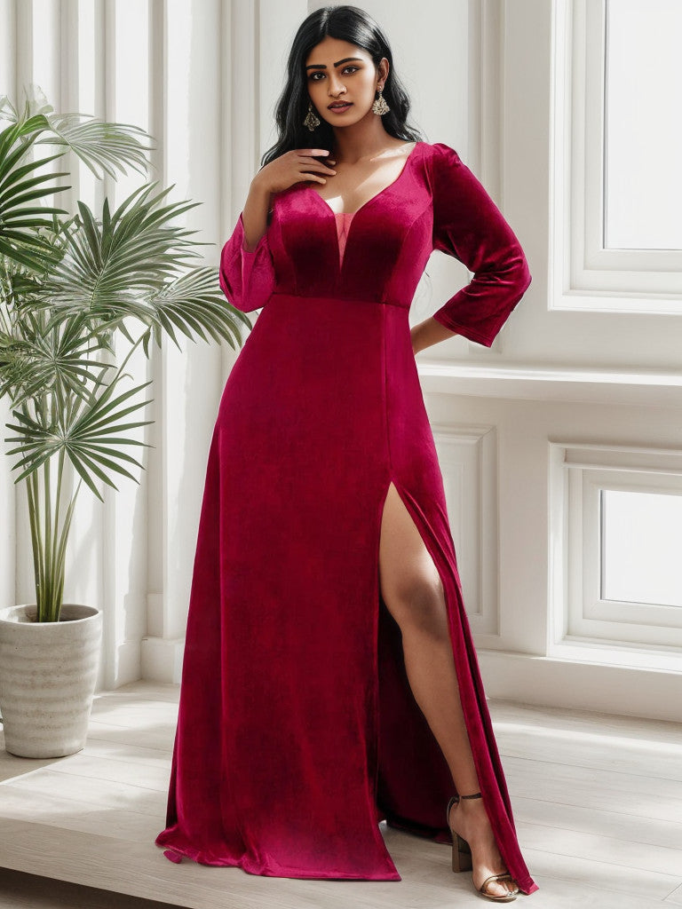 Weitese Plus Size Velvet Plunging V-Neck Front Slit 34 Sleeve Evening Dress