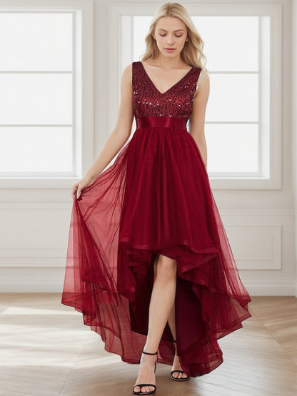 Weitese Sleeveless Sequin Ribbon Waist Tulle High Low Evening Dress