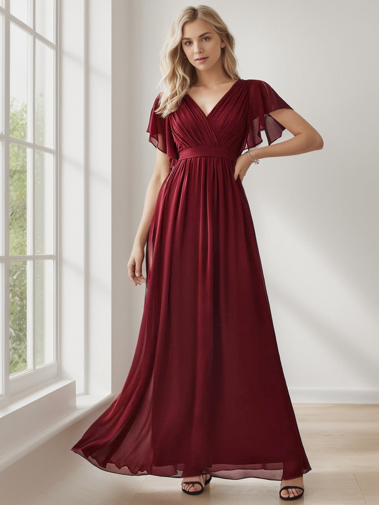 Weitese  A-Line Pleated Chiffon Tie-Waist Evening Dress