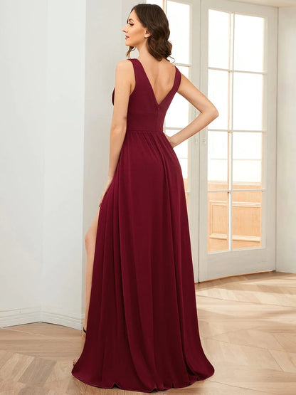 Weitese Sleeveless V-Neck Empire Waist High Slit Floor-Length Evening Dress