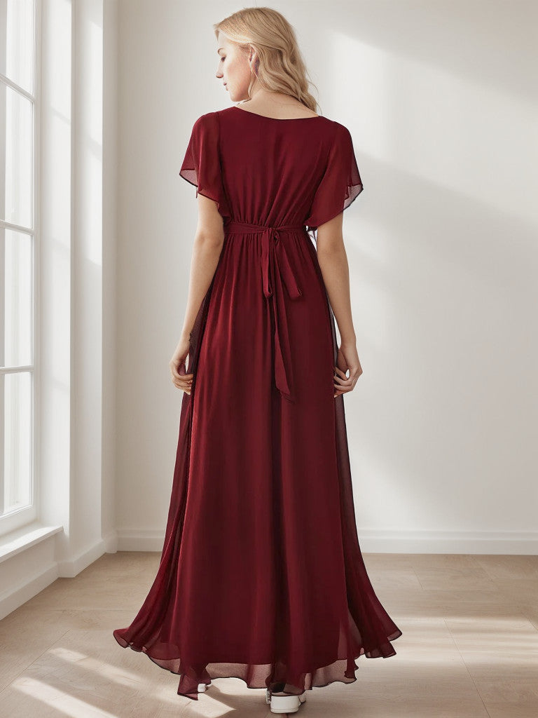 Weitese  A-Line Pleated Chiffon Tie-Waist Evening Dress