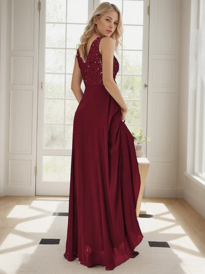 Weitese Sexy High-Low Maxi Chiffon Evening Dresses with Sequin