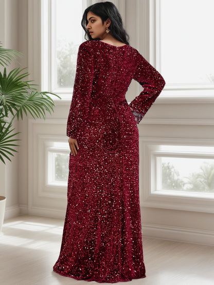 Weitese Plus Size Long Sleeve Sequin Front Slit Bodycon Evening Dress