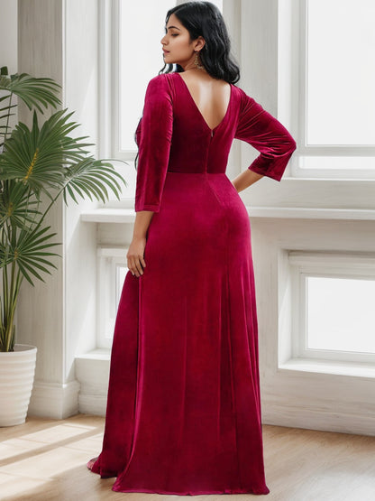 Weitese Plus Size Velvet Plunging V-Neck Front Slit 34 Sleeve Evening Dress