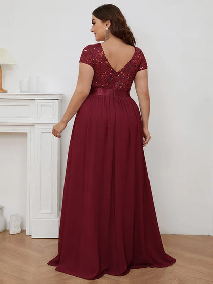 Weitese Plus Size Empire Waist V-Neck Cap Sleeve Chiffon Formal Evening Dress