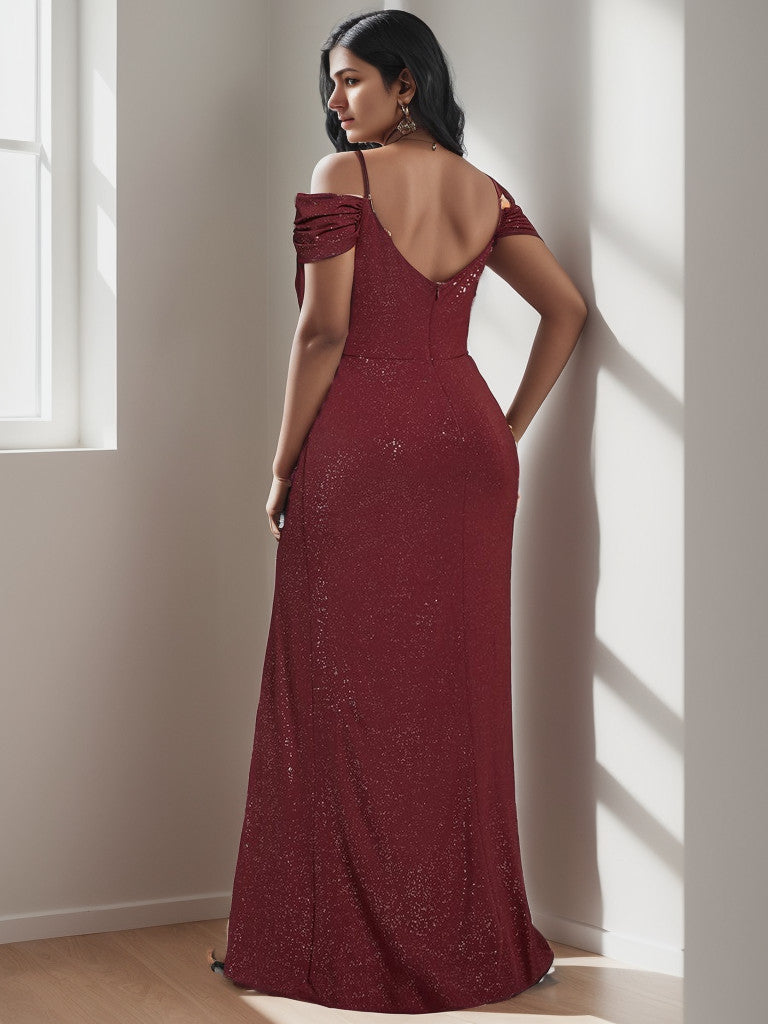 Weitese Plus Size V-Neck Cold Shoulder Floor-Length Evening Dress