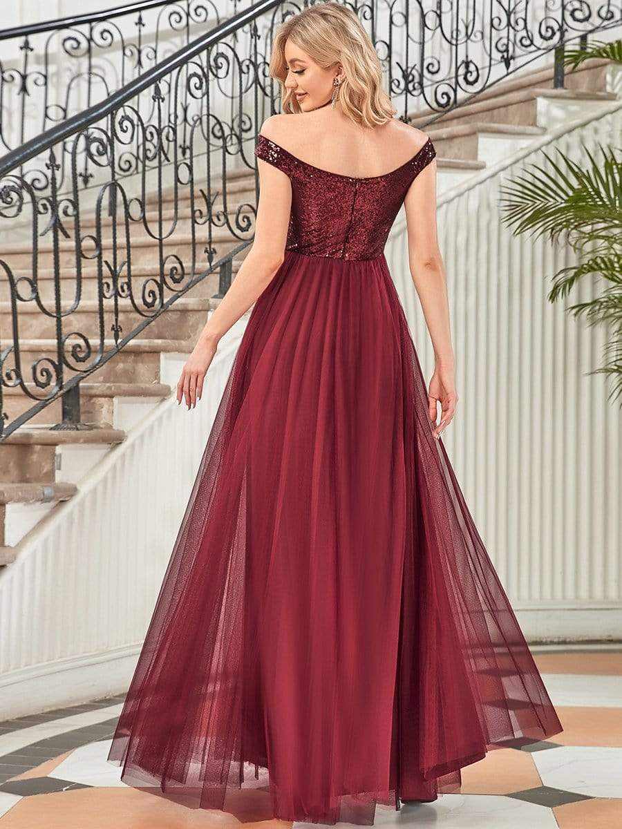 Weitese Shiny Sequin Bodice Off the Shoulder Maxi Tulle Evening Dress