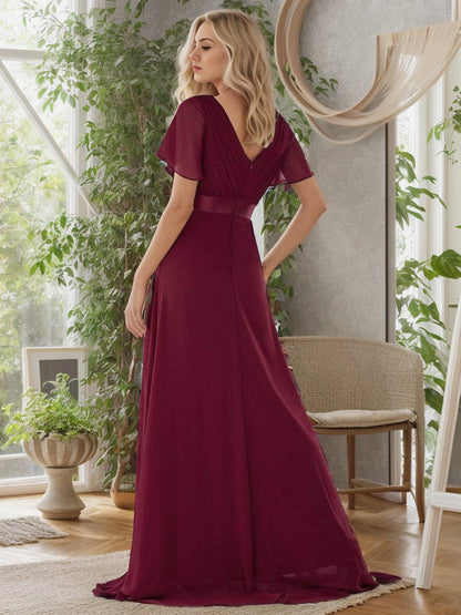 Weitese Long Chiffon Empire Waist Bridesmaid Dress with Short Flutter Sleeves