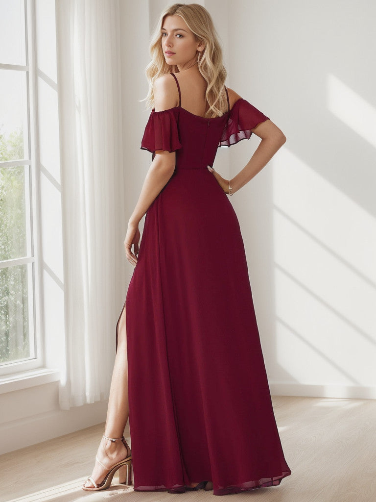 Weitese Chiffon Off-The-Shoulder Side Slit Bridesmaid Dress with sleeves