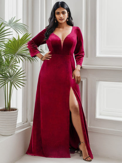 Weitese Plus Size Velvet Plunging V-Neck Front Slit 34 Sleeve Evening Dress