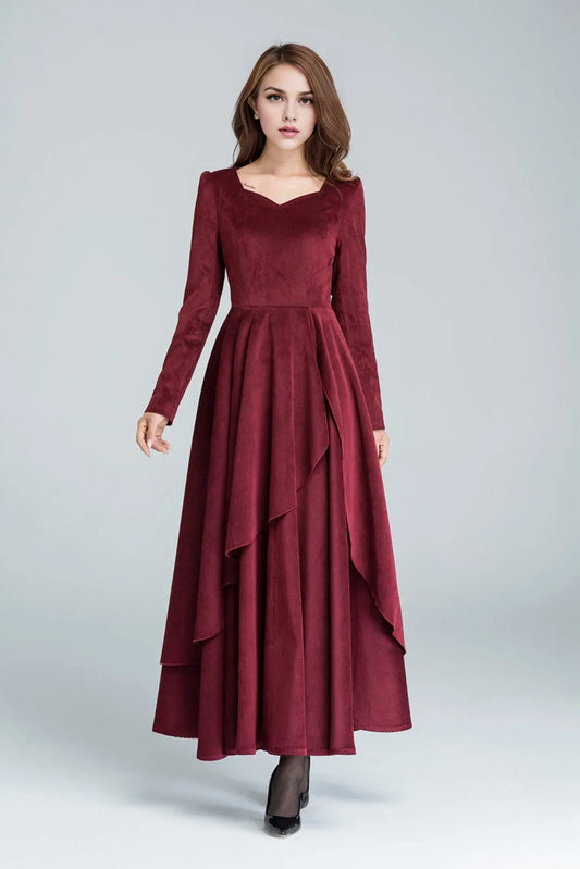 Burgundy Corduroy Dress Long Sleeve Cocktail Dress Maxi Dress Long Dress Party Dress Wedding Dress Layered Dress Fall Dress Prom Dress