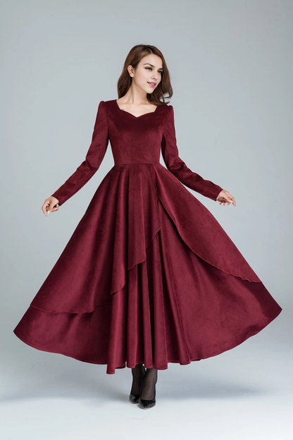 Burgundy Corduroy Dress Long Sleeve Cocktail Dress Maxi Dress Long Dress Party Dress Wedding Dress Layered Dress Fall Dress Prom Dress