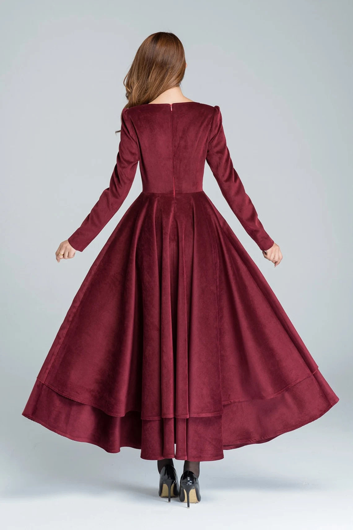 Burgundy Corduroy Dress Long Sleeve Cocktail Dress Maxi Dress Long Dress Party Dress Wedding Dress Layered Dress Fall Dress Prom Dress