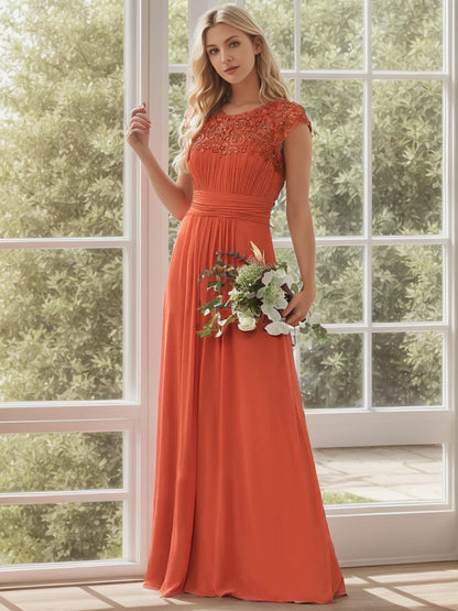 Weitese Classic Maxi Long Lace Cap Sleeve Bridesmaid Dress