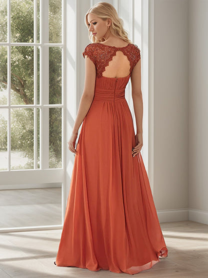 Weitese Classic Maxi Long Lace Cap Sleeve Bridesmaid Dress