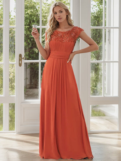 Weitese Classic Maxi Long Lace Cap Sleeve Bridesmaid Dress