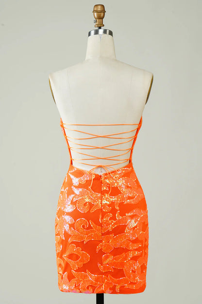 Orange Glitter Tight Short Glitter Homecoming Dress