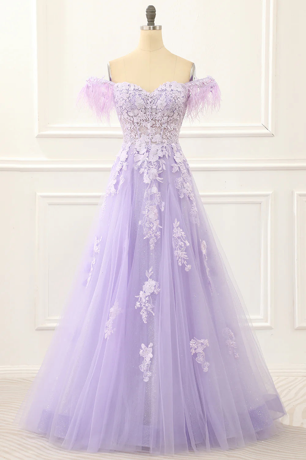 Off Shoulder Appliques Lavender Prom Dress With Feathers