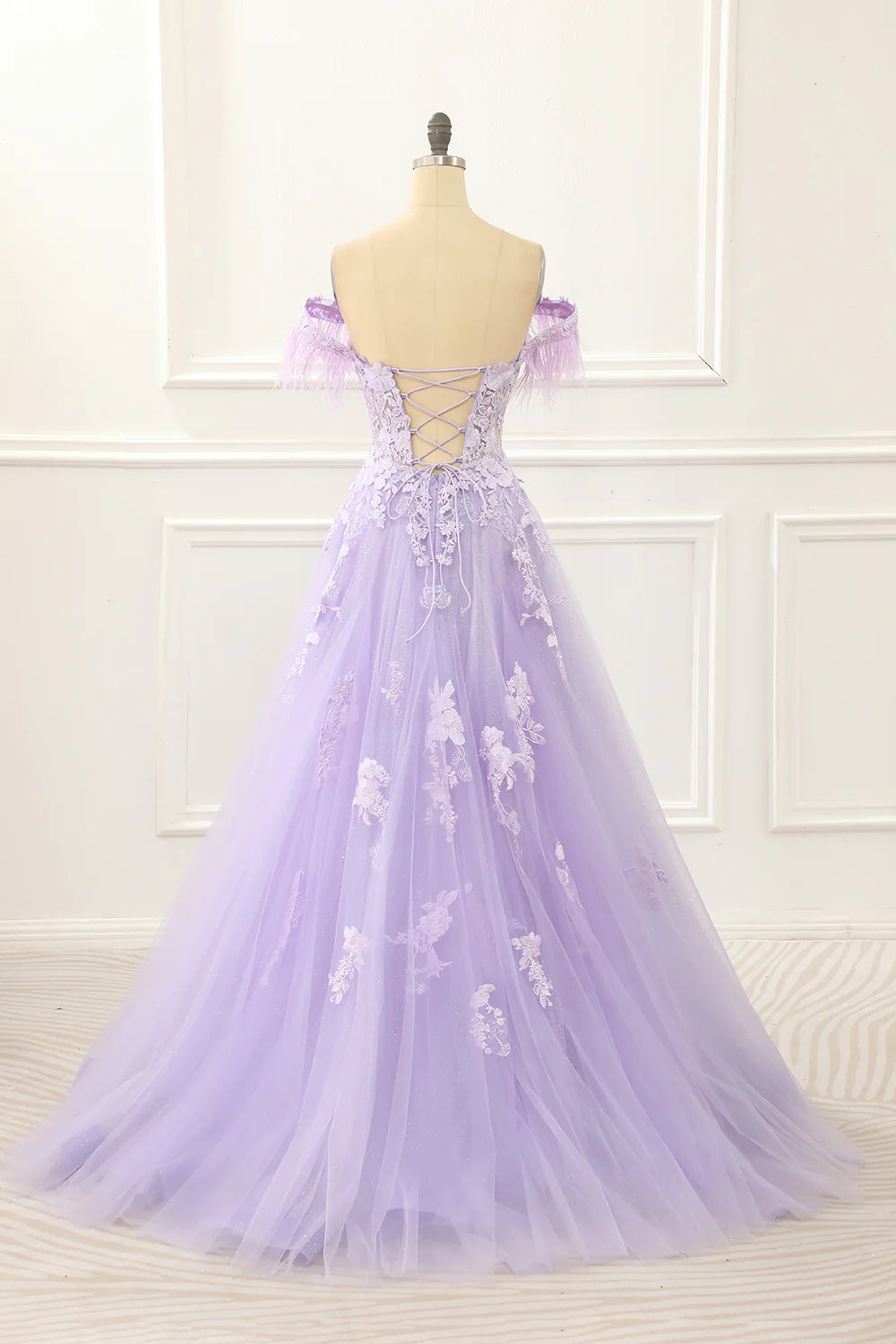 Off Shoulder Appliques Lavender Prom Dress With Feathers