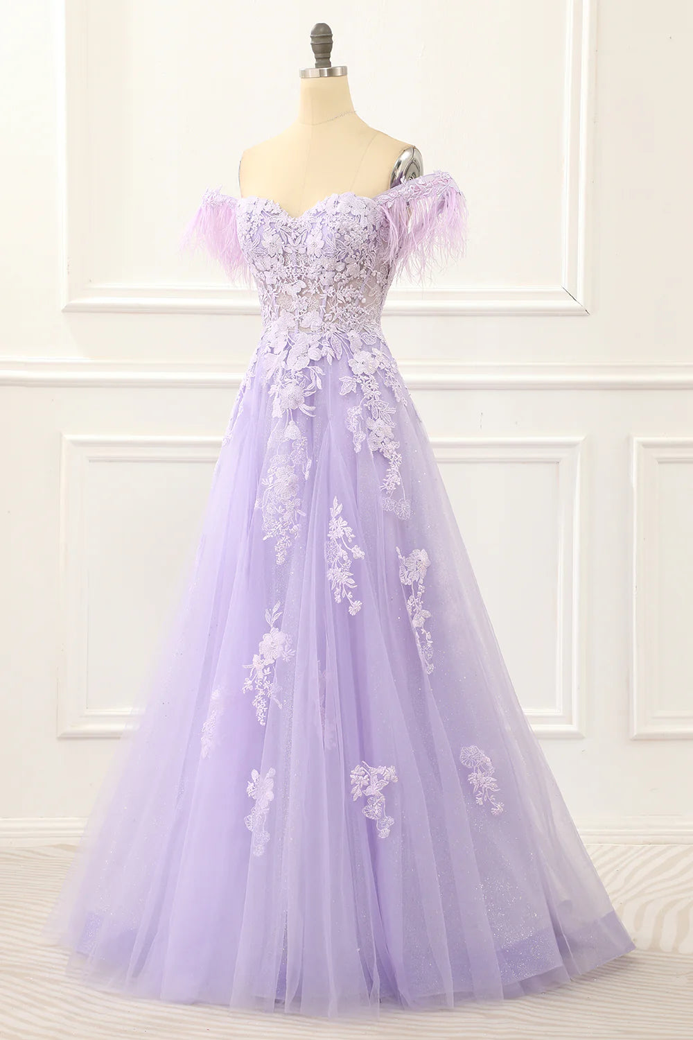 Off Shoulder Appliques Lavender Prom Dress With Feathers