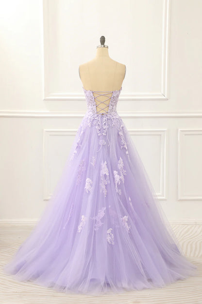 Off Shoulder Appliques Lavender Prom Dress With Feathers